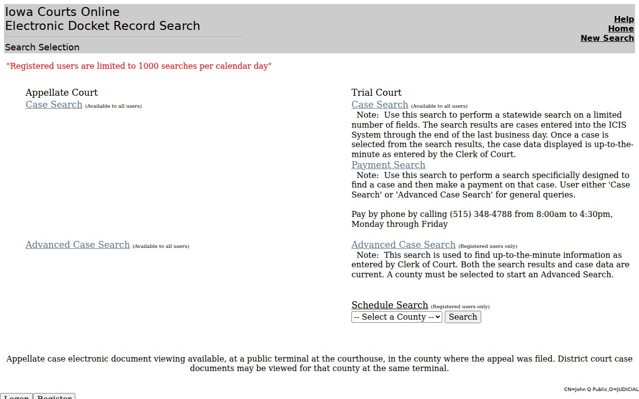 Iowa Courts Online name, case, and citation search