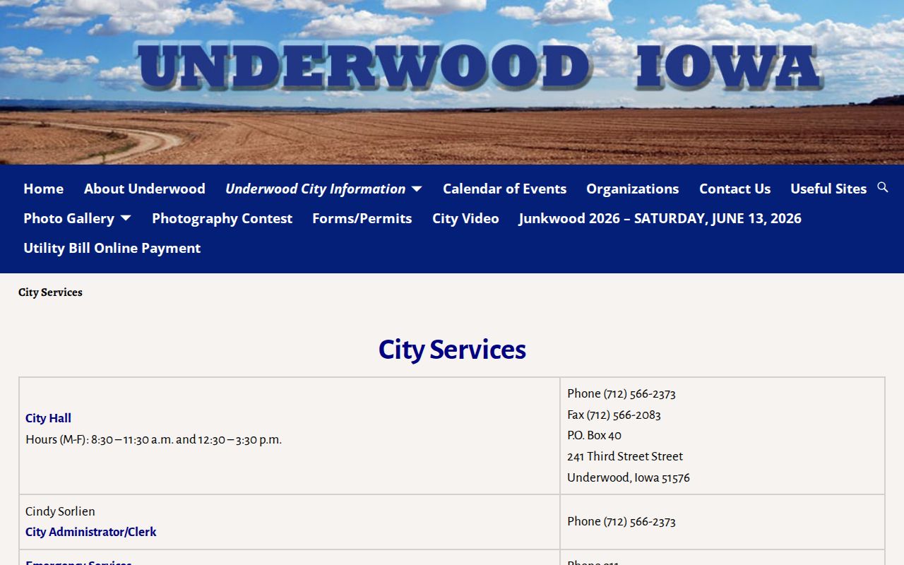 Underwood city services page showing city hall hours and the county sheriff route