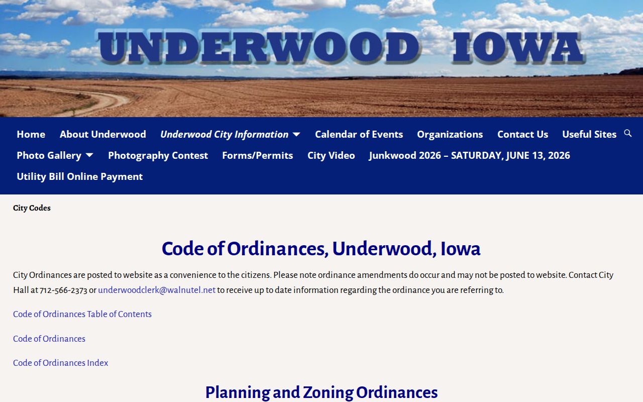 Underwood city codes page advising readers to contact the clerk for current code information